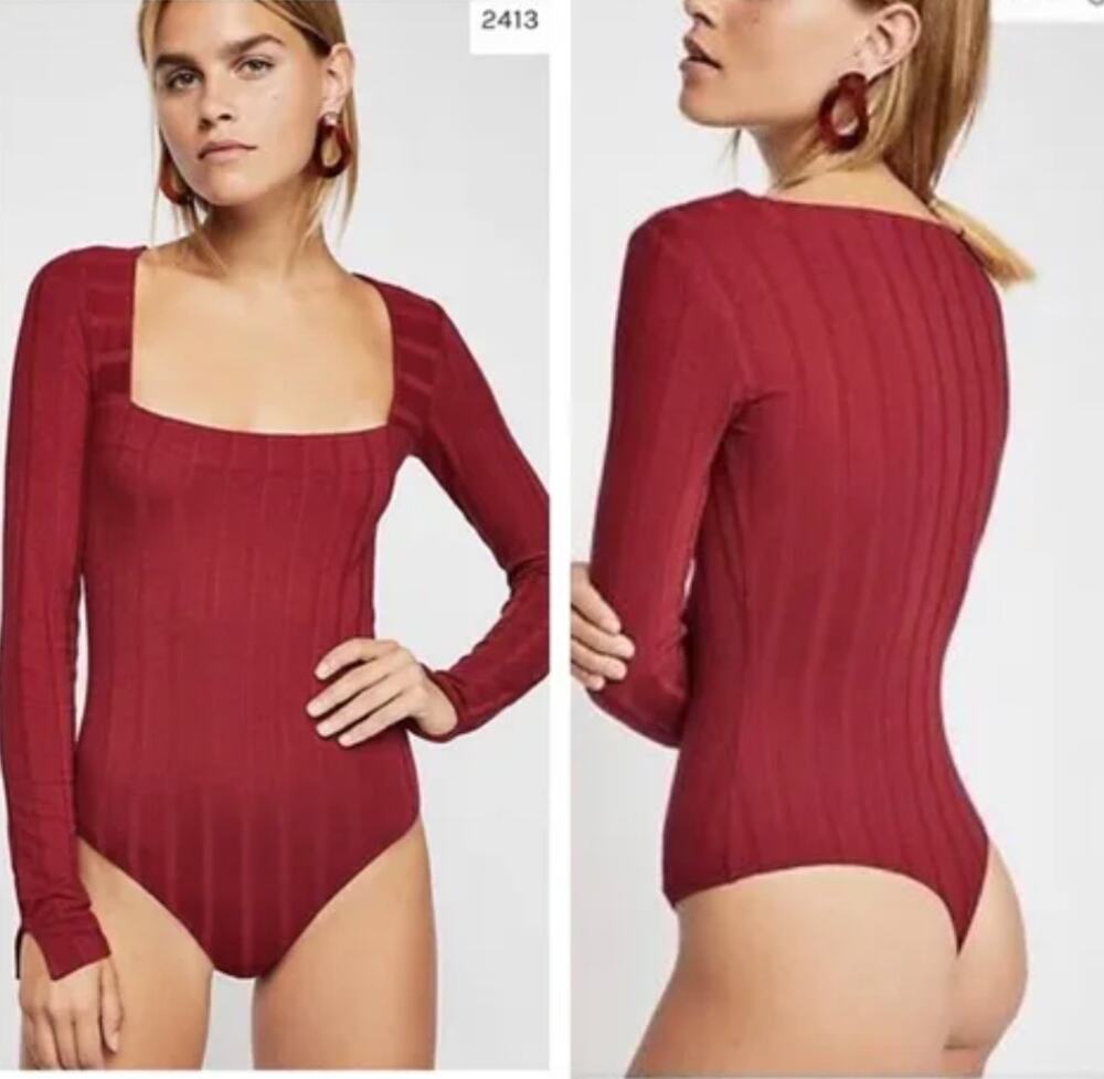 FREE PEOPLE Red Bodysuit Rayon Stretch Ribbed Square Neck Knit Size X-Small XS